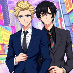 An anime-style illustration showcasing two stylish men in suits
