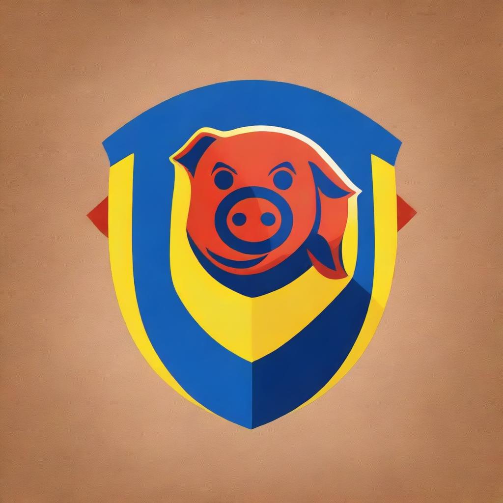 A high-quality digital art of a pig emblem, dynamically painted with a mix of red, blue, and yellow colors