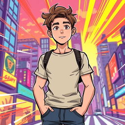 A comic style illustration of a 15-year-old boy with a slightly muscular build