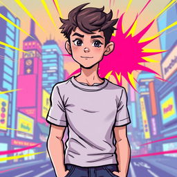 A comic style illustration of a 15-year-old boy with a slightly muscular build