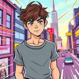 A comic style illustration of a 15-year-old boy with a slightly muscular build