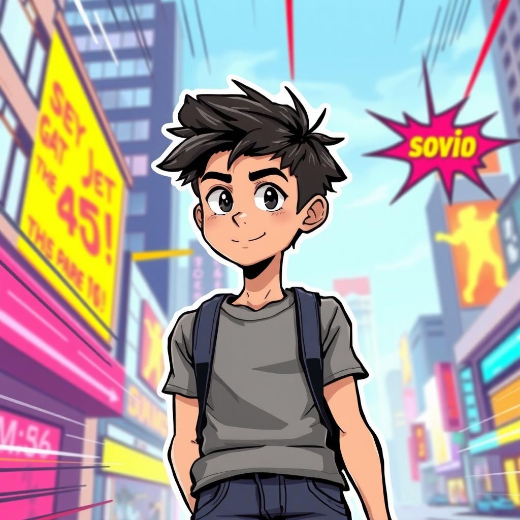 A comic style illustration of a 15-year-old boy with a slightly muscular build
