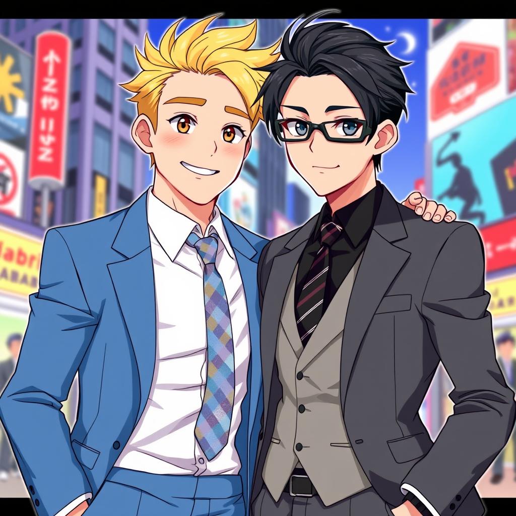 An HD anime-style illustration featuring two stylish men in suits