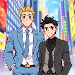 An HD anime-style illustration featuring two stylish men in suits