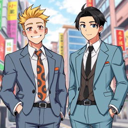 An HD anime-style illustration featuring two stylish men in suits