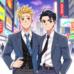 An HD anime-style illustration featuring two stylish men in suits