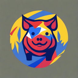 A high-quality digital art of a pig emblem, dynamically painted with a mix of red, blue, and yellow colors