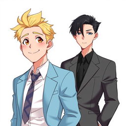 An HD anime-style illustration featuring two men in suits