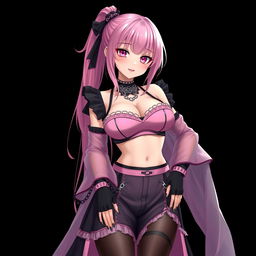 A realistic, sexy submissive gothic anime girl with a flustered, subtle smile and a light blush on her cheeks