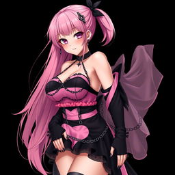 A realistic, sexy submissive gothic anime girl with a flustered, subtle smile and a light blush on her cheeks