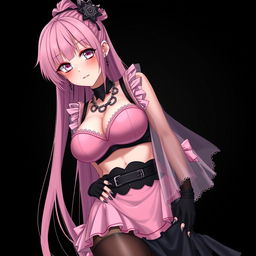 A realistic, sexy submissive gothic anime girl with a flustered, subtle smile and a light blush on her cheeks