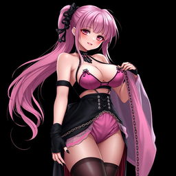 A realistic, sexy submissive gothic anime girl with a flustered, subtle smile and a light blush on her cheeks