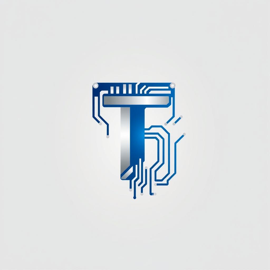 A sleek and modern logo design for a tech company, featuring a minimalist depiction of a circuit board intertwined with a stylized letter 'T', using a color palette of deep blue and silver