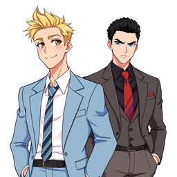 An HD anime-style illustration featuring two men in suits