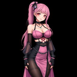 A realistic, sexy submissive gothic anime girl with a flustered, subtle smile and a gentle blush on her cheeks