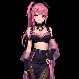 A realistic, sexy submissive gothic anime girl with a flustered, subtle smile and a gentle blush on her cheeks