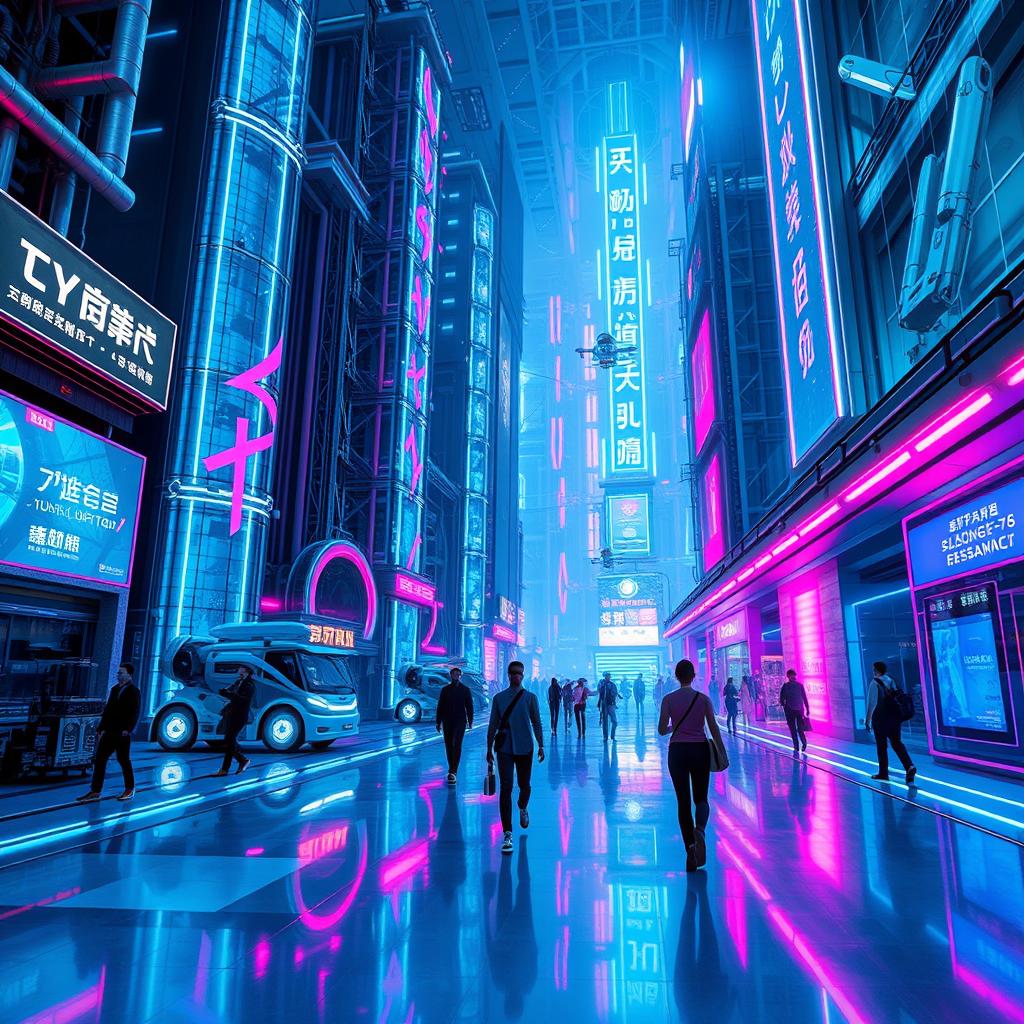 A futuristic technological space in a cyberpunk style, featuring neon lights, holographic displays, and advanced machinery