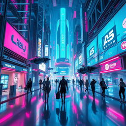 A futuristic technological space in a cyberpunk style, featuring neon lights, holographic displays, and advanced machinery