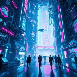 A futuristic technological space in a cyberpunk style, featuring neon lights, holographic displays, and advanced machinery