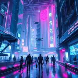 A futuristic technological space in a cyberpunk style, featuring neon lights, holographic displays, and advanced machinery