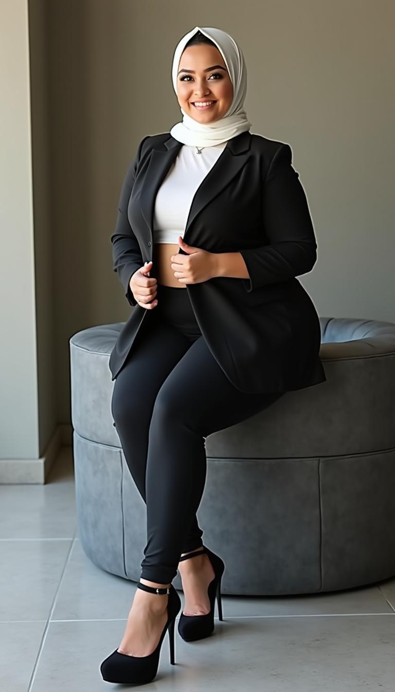 A classy 28-year-old woman with a stunning hourglass figure, showcasing a voluptuous physique with large breasts and curvy hips