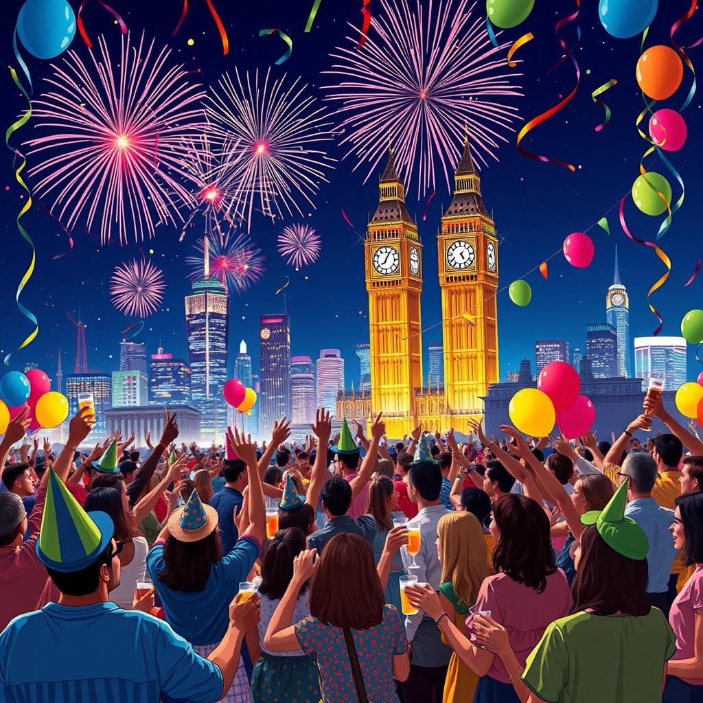 A festive New Year celebration scene, featuring a vibrant city skyline illuminated with fireworks in the night sky