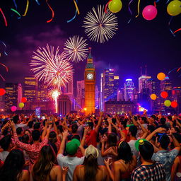 A festive New Year celebration scene, featuring a vibrant city skyline illuminated with fireworks in the night sky