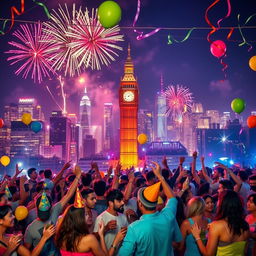 A festive New Year celebration scene, featuring a vibrant city skyline illuminated with fireworks in the night sky