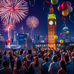 A festive New Year celebration scene, featuring a vibrant city skyline illuminated with fireworks in the night sky