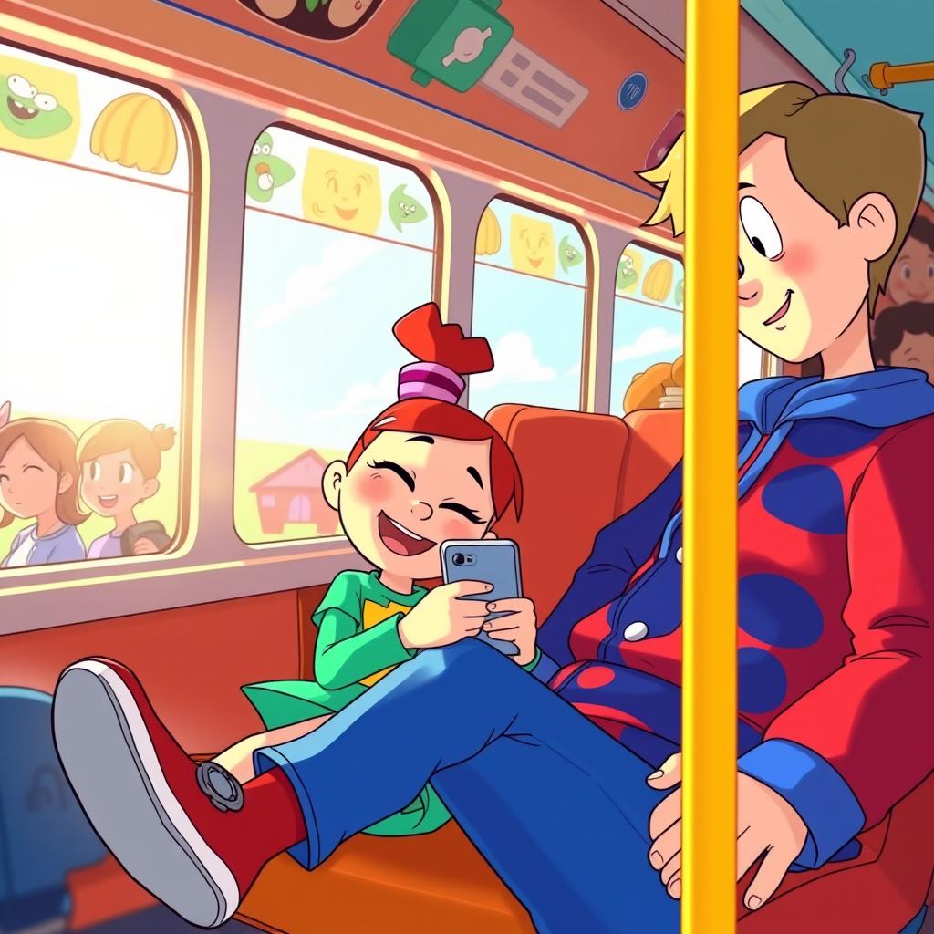 Mabel Pines sitting in a bright, colorful bus seat, resting her head on Dipper's lap