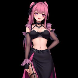 A realistic, sexy submissive gothic anime girl with a flustered, subtle smile and a soft blush on her cheeks