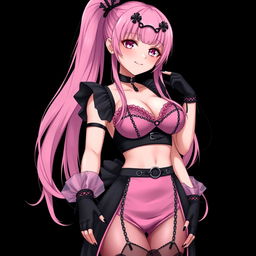 A realistic, sexy submissive gothic anime girl with a flustered, subtle smile and a soft blush on her cheeks