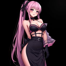 A realistic, sexy submissive gothic anime girl with a flustered, subtle smile and a soft blush on her cheeks