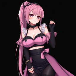A realistic, sexy submissive gothic anime girl with a flustered, subtle smile and a soft blush on her cheeks