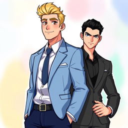 An HD illustration in ufotable style featuring two handsome men in suits
