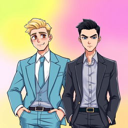 An HD illustration in ufotable style featuring two handsome men in suits