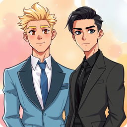 An HD illustration in ufotable style featuring two handsome men in suits