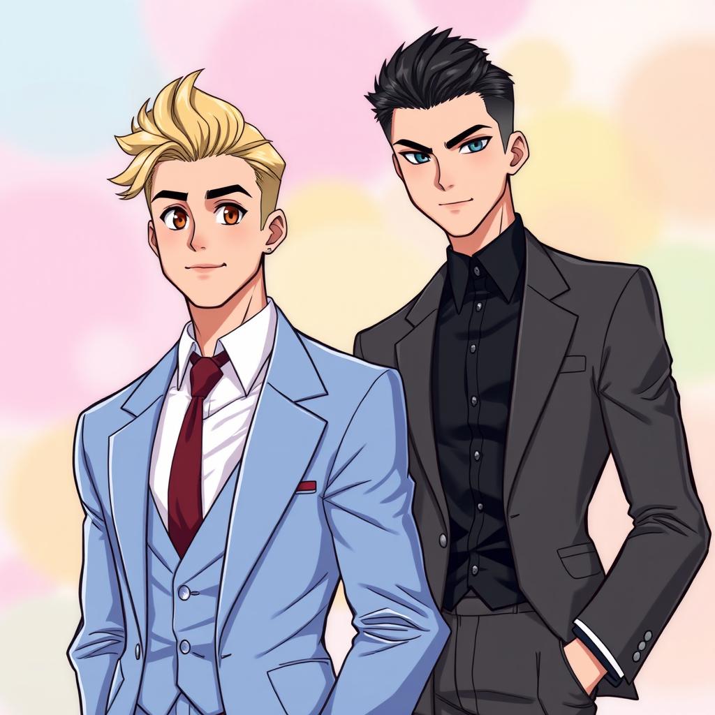 An HD illustration in ufotable style featuring two handsome men in suits