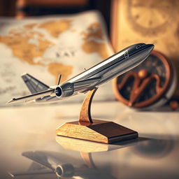 A captivating still life featuring a detailed model of an airplane prominently displayed