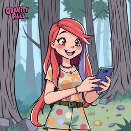 An adult version of Mabel Pines, inspired by the drawing style of Gravity Falls, holding a smartphone