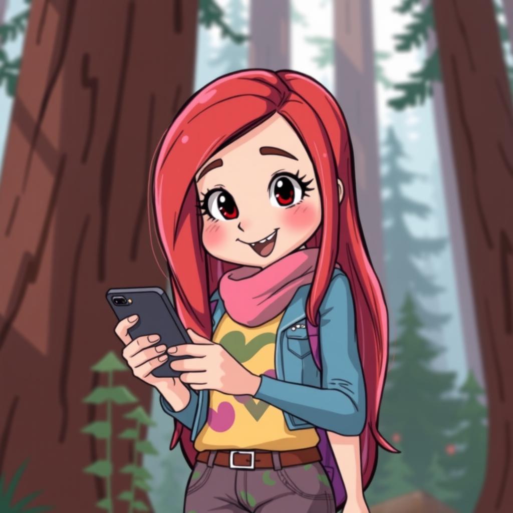 An adult version of Mabel Pines, inspired by the drawing style of Gravity Falls, holding a smartphone