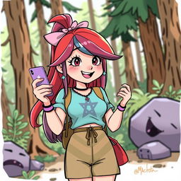 An adult version of Mabel Pines, inspired by the drawing style of Gravity Falls, holding a smartphone