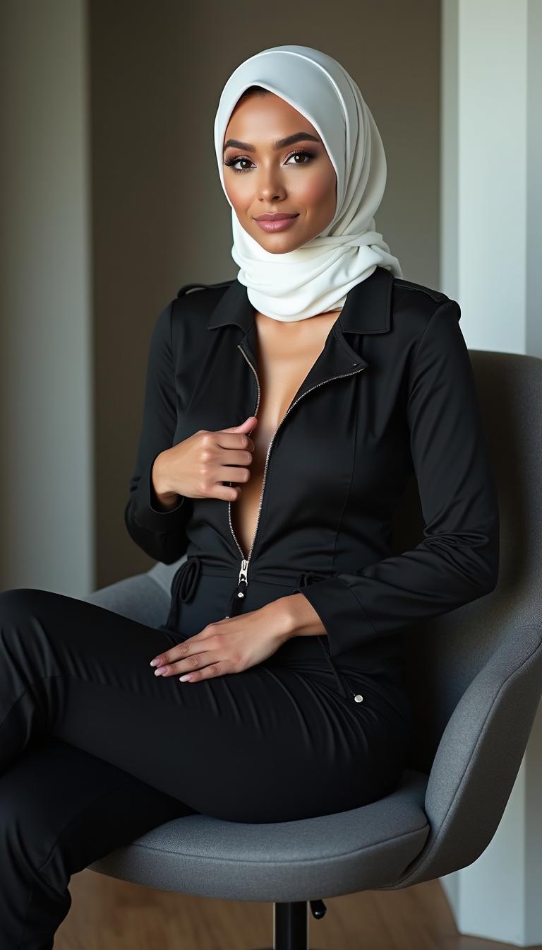 A classy woman aged 28 with a perfect body, featuring large boobs and a large ass, posed in an office setting