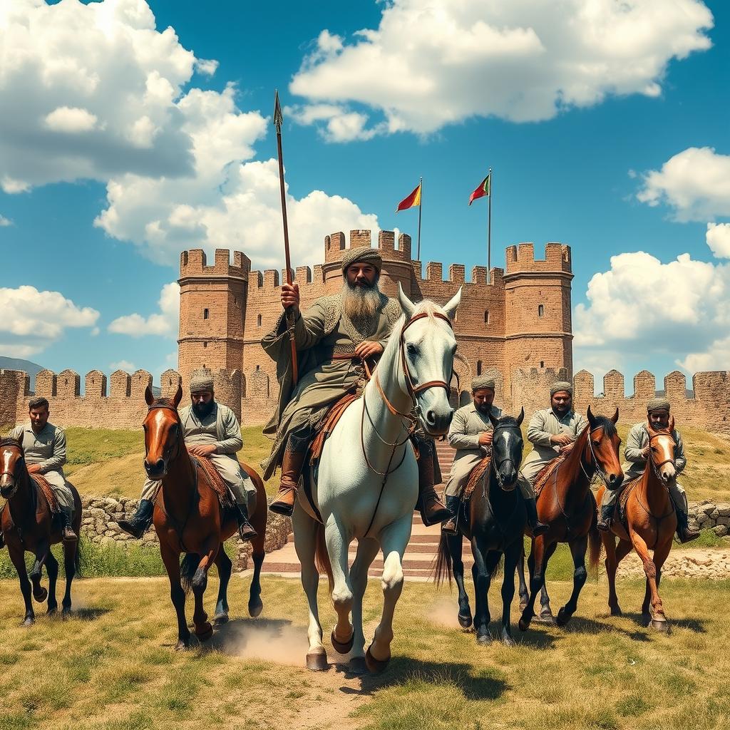 Shahvardi Khan, the last ruler of Lorestan, majestically riding a horse, surrounded by five sons each on their own horses