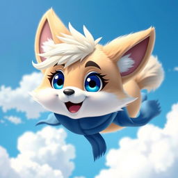 A furry character with blue eyes and erect ears, wearing a stylish blue scarf