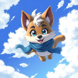 A furry character with blue eyes and erect ears, wearing a stylish blue scarf