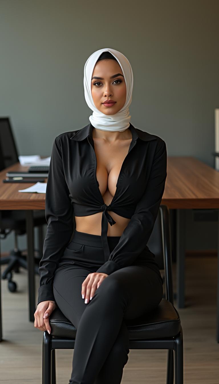A classy woman aged 28 with a perfect body, featuring large boobs and a large ass, posed in an office setting