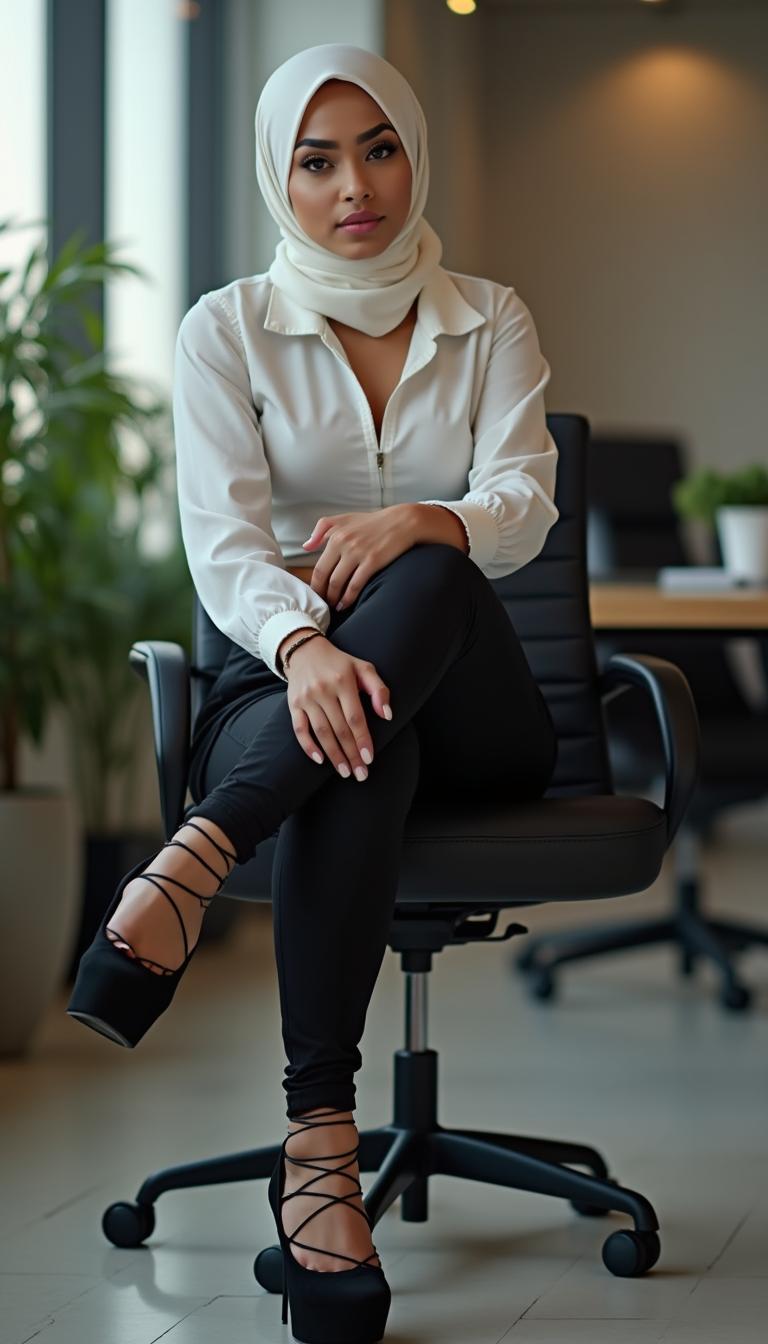 A classy woman aged 28 with a perfect body, featuring large boobs and a large ass, posed elegantly in an office environment