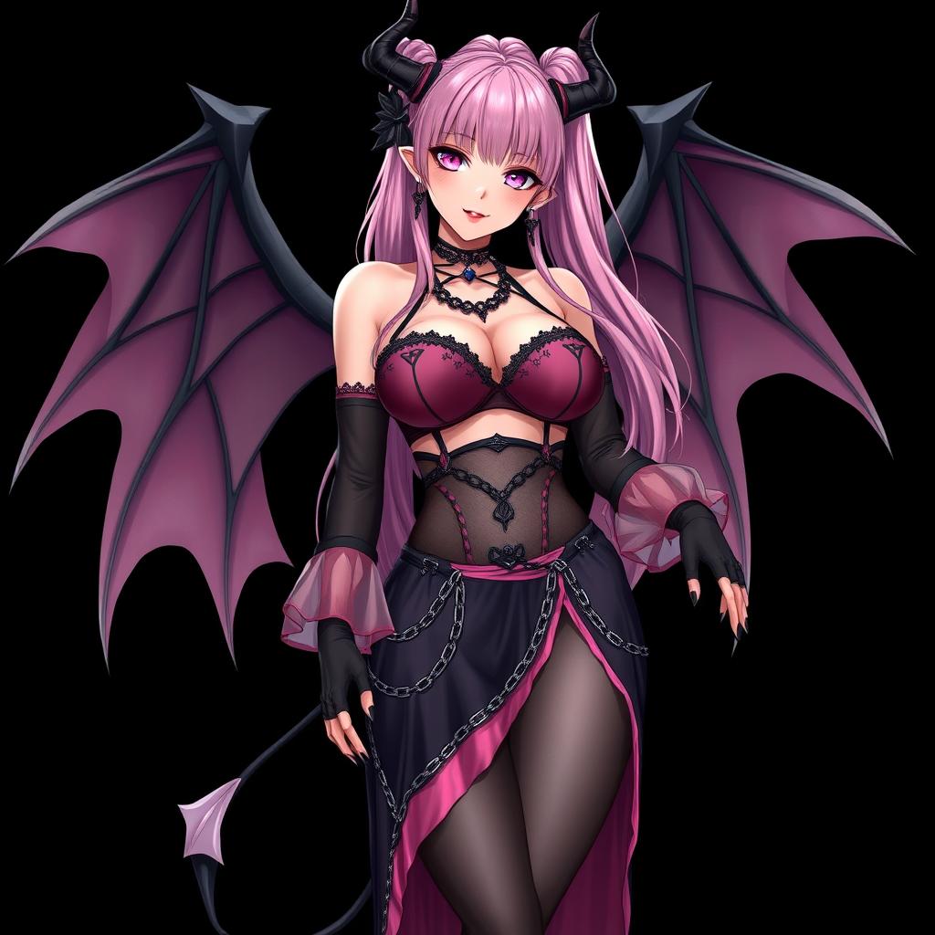 A realistic, sexy dominant gothic anime succubus girl with striking wings, elegant horns, and a playful tail