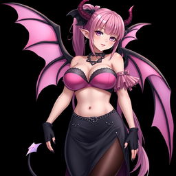 A realistic, sexy dominant gothic anime succubus girl with striking wings, elegant horns, and a playful tail